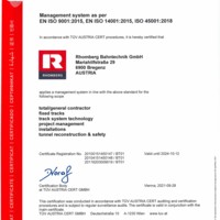 ISO 9001 QM, ISO 14001 UM, ISO 45001 SGM Rhomberg Bahntechnik GmbH